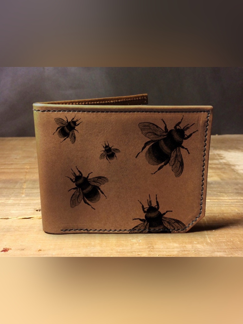 Bees Buzzing Handmade Leather Bifold Wallet Brown With Black Bees Credit Card
